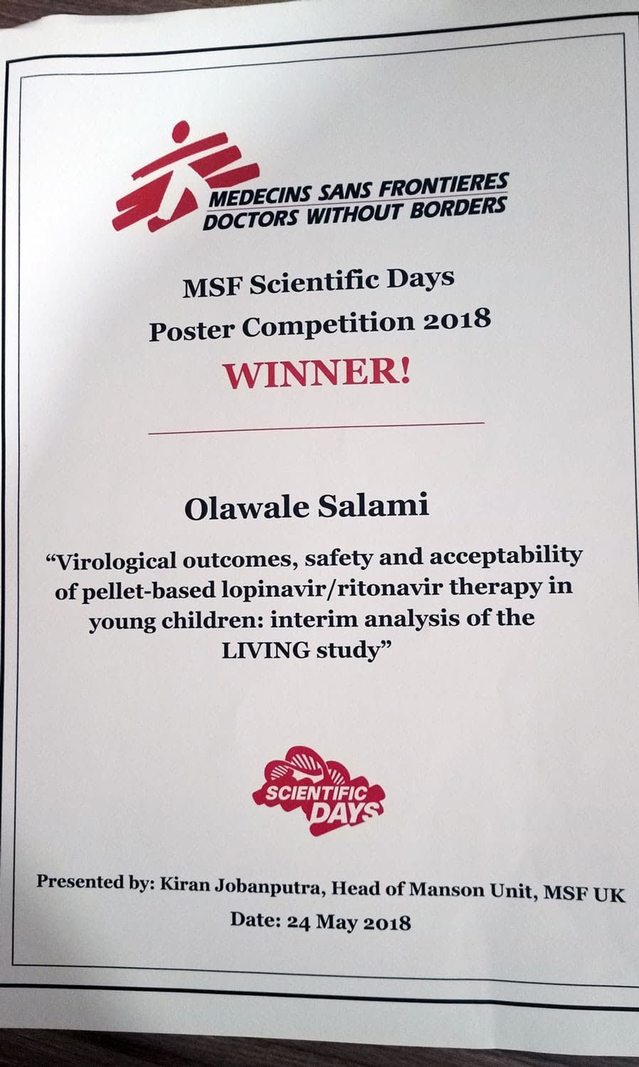 MSF Scientific Days Award for the best poster