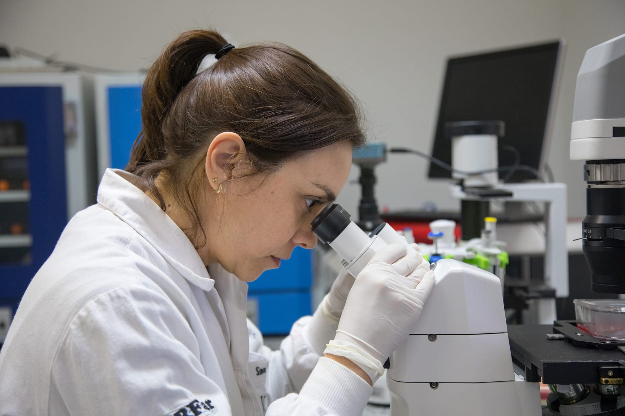 Female researcher looking in a microscope