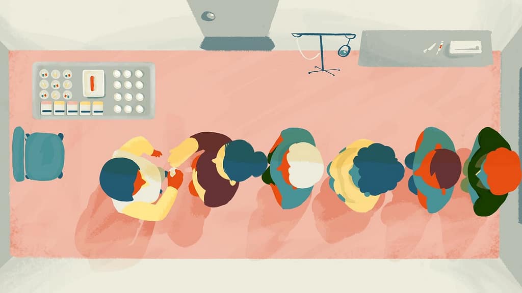 Illustration of people queuing to receive a treatment