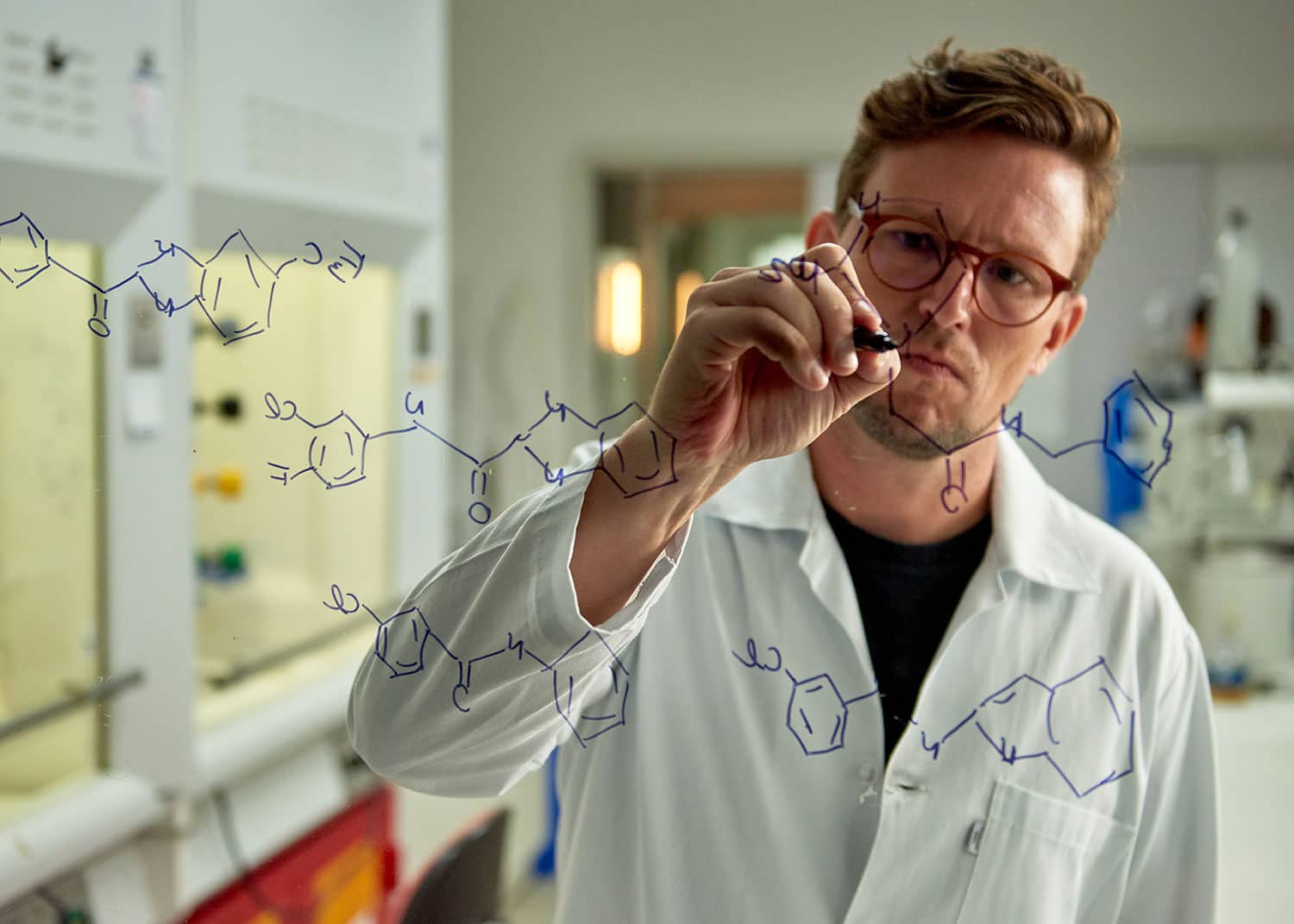 Jadel Kratz, Jadel Müller Kratz, DNDi’s Head of Discovery and R&D Partnerships drawing molecules on a board