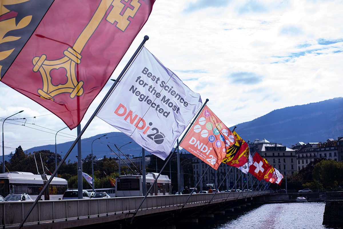 DNDi Flags flying on the Mont Blanc bridge in Geneva, Switzerland